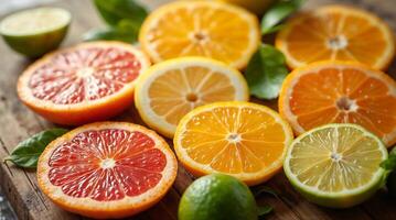 Close-up of sliced citrus fruits with green leaves on wood photo