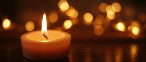 Lit candle with bokeh lights in the background photo