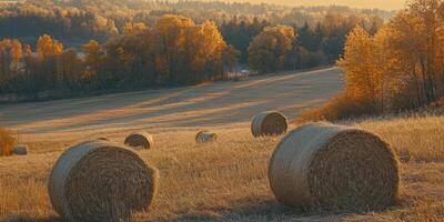 Autumn hay bales in a field at sunset photo
