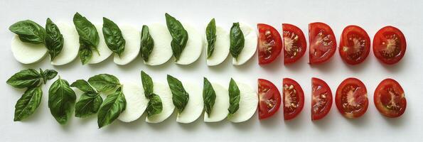 Tomato slices and basil arranged in a pattern photo