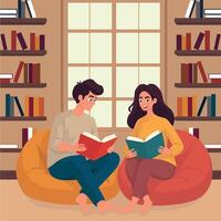 Young couple reading in a cozy library setting vector