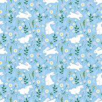 Seamless pattern with hand drawn cute rabbits and wildflowers on spring garden for happy easter vector