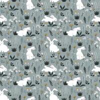 Seamless pattern with hand drawn cute rabbits on spring garden for happy easter vector