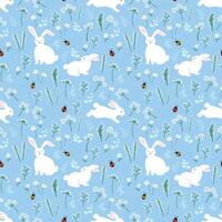 Seamless pattern with hand drawn cute rabbits and ladybug on spring garden vector