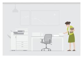 woman on workplace environment with grey background handling a document next to table and copier machine vector