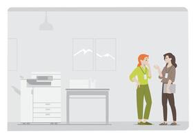 2 woman having serious discussion workplace with setting on an office environment with copier, work desk, photos and grey background vector