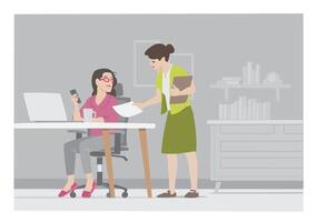woman on workplace environment hand a document standing next to her boss with grey background vector