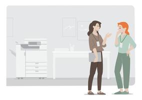 women having serious discussion workplace with setting on an office environment with copier, work desk, photos and grey background vector