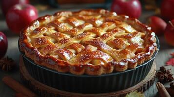 A delicious apple pie on a wooden table with apples and cinnamon sticks photo