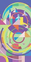 Geometric bauhaus pattern with mountains and fir trees. Mosaic background. Tourism and outdoor recreation. Abstract vertical composition banner with purple and green colored circles. Mural art vector