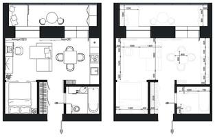 Floor plan with furniture in top view. Architectural measuring plan of apartment. Detailed studio layout with ergonomic dimensions vector