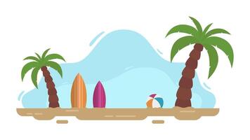 Simple beach illustration with surfboard and coconut tree isolated on white background. Summer beach background clip art vector