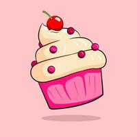 Cupcake with white cream on top, cherries and sprinkles vector