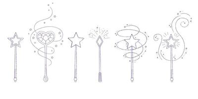 Set of doodle hand drawn magic wands. Fairytale element in sketch style. Hand drawn illustration isolated on white background vector