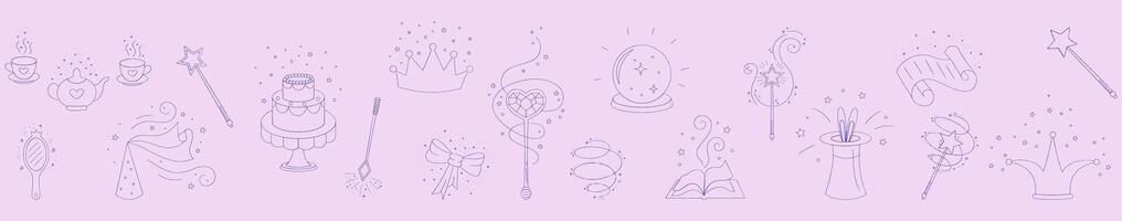 Magic wands and elements doodle border. Fairytale element in sketch style. Hand drawn illustration isolated on white background vector