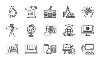 Education line icon set featuring books, rulers, calculators, microscopes, globes, graduation caps, and lab tools. Perfect for learning, teaching, online courses, and academic use. vector