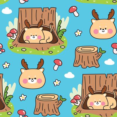 Seamless pattern of cute deer smile sleep in cavity tree background.Wild animal character cartoon design.Jungle.Mushroom,flower,leaf,grass,cloud.Kawaii.Illustration