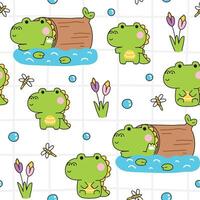 Seamless pattern of cute crocodile greeting swimming in river with log wood background.Wild,jungle,nature,flower,dragonfly.Reptile animal character cartoon design.Kawaii.Illustration vector