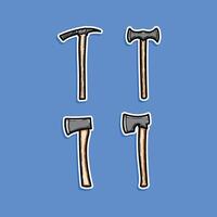 Illustration showcasing distinct designs of cartoon-style axe and pick tools on a vibrant blue background. Perfect for graphic design projects, tool icons, or educational visuals. vector