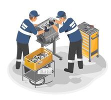 Two auto technicians assembling and inspecting a car engine in a professional maintenance workshop with tools and spare parts around isometric isolated cartoon vector