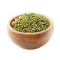 Mung beans in a wooden bowl on a Transparent background ready for cooking or sprouting, Mung beans in wood bowl isolated on background png