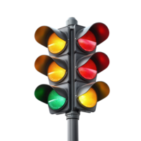 Traffic light displaying red, yellow, and green signals at an urban intersection during daylight hours, Traffic Light with Red, Yellow, and Green Lamps on Transparent background Road Signalization png