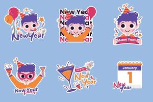 New year stickers set with a boy holding a balloon and a calendar vector
