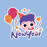 A new year's party sticker with a boy in a party hat vector
