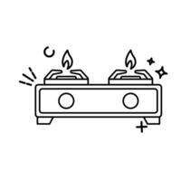 The image shows a cartoon illustration of a two-burner gas stove. The stove has a yellow body with a red outline and base vector