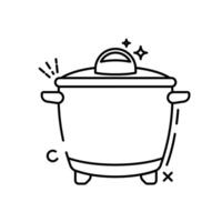 The image shows a cartoon illustration of a rice cooker. The rice cooker has a red main body with a yellow lid, handles, and base vector
