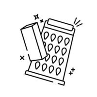 The image shows a cartoon illustration of a cheese grater and a block of cheese vector