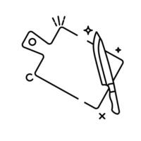 The image shows a cartoon illustration of a cutting board and a knife. The cutting board is rectangular with a rounded handle on the left side vector
