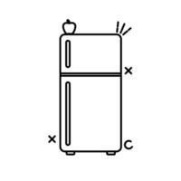 The image shows a cartoon illustration of a refrigerator. The refrigerator is yellow with a brown line separating the freezer compartment. vector