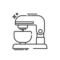 The image shows a cartoon illustration of a stand mixer. The mixer has a red tilting head and body, a light purple base. vector