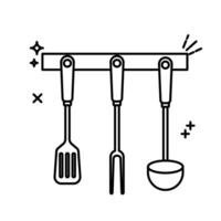 The image shows a cartoon illustration of three kitchen utensils hanging from a yellow rack. The rack is a simple horizontal bar vector