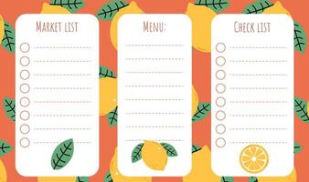 Grocery shopping list template and menu creation with lemons on the background vector