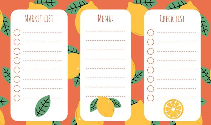 Grocery shopping list template and menu creation with lemons on the background