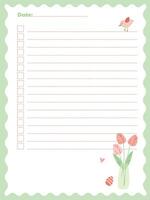 Notebook page template with a bouquet of flowers, Easter egg and bird vector