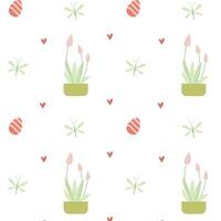 Spring pattern with tulips, Easter eggs and dragonfly vector