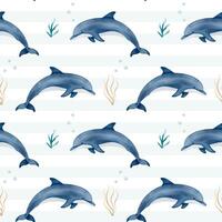 Seamless pattern with watercolor dolphin. Cute marine animals watercolor pattern. Hand drawn background with underwater characters. vector
