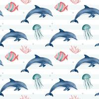 Seamless pattern with watercolor dolphin and tropical fish. Hand drawn marine animals pattern. Underwater characters. vector