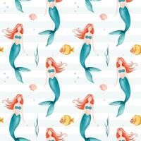 Seamless pattern with watercolor mermaid and fish. Hand drawn undersea childish texture. Underwater characters. vector