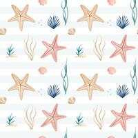 Seamless pattern with watercolor starfish and shells. Hand drawn marine animals pattern. Underwater elements. vector