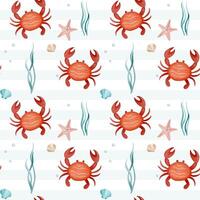 Seamless pattern with watercolor crab. Hand drawn marine animals pattern. Underwater characters. vector