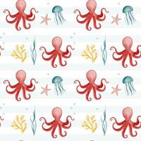 Seamless pattern with watercolor octopus. Hand drawn marine animals pattern. Underwater characters. vector