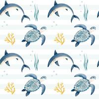 Seamless pattern with watercolor fish and turtle. Marine animals watercolor pattern. Hand drawn background with underwater characters. vector