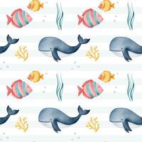 Seamless pattern with watercolor whale and tropical fish. Hand drawn marine animals pattern. Underwater characters. vector