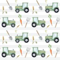 Seamless pattern with watercolor tractor and vegetables. Farm pattern. Agricultural watercolor background vector