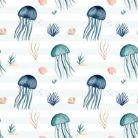 Seamless pattern with watercolor jellyfish. Hand drawn marine animals pattern. Underwater characters. vector