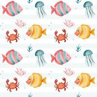 Seamless pattern with watercolor tropical fish. Hand drawn marine animals pattern. Underwater characters. vector